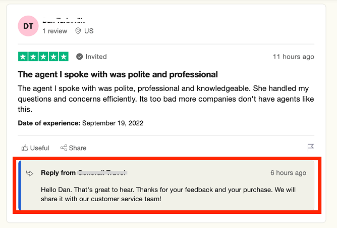 : Nice response from brand to a user review on Trustpilot