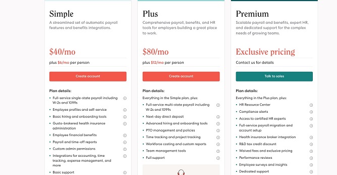 Gusto Pricing plans