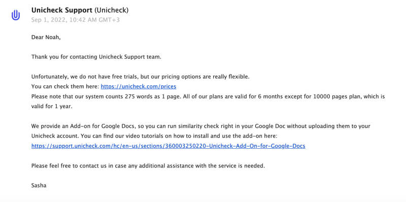 Unicheck support response