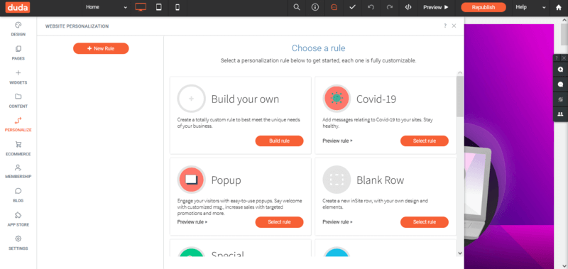 Duda personalization tools for building your website to your needs