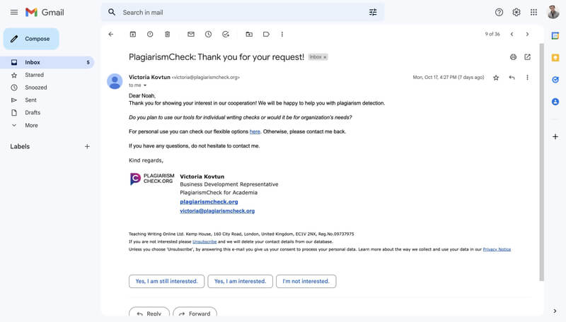 Plagiarismcheck.org email contact us form reply