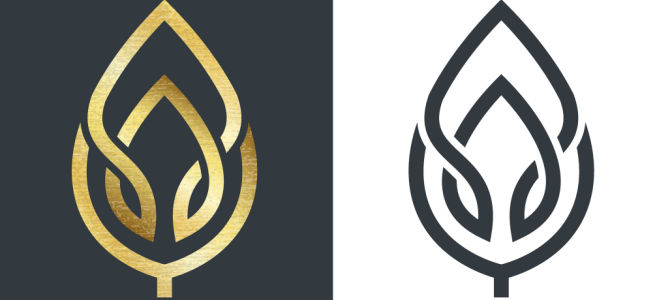 Vectors of a minimalist leaf logo in gold on a dark background and dark grey on a white background