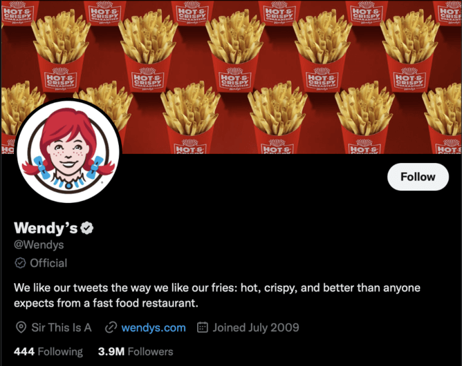 Wendy’s Twitter account header and bio