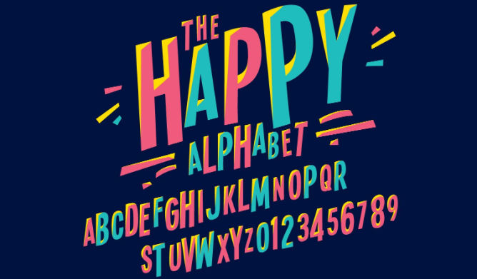 Typography showing letters and numbers in “The Happy Alphabet” font