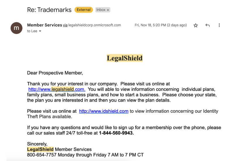 LegalShield Email Reply