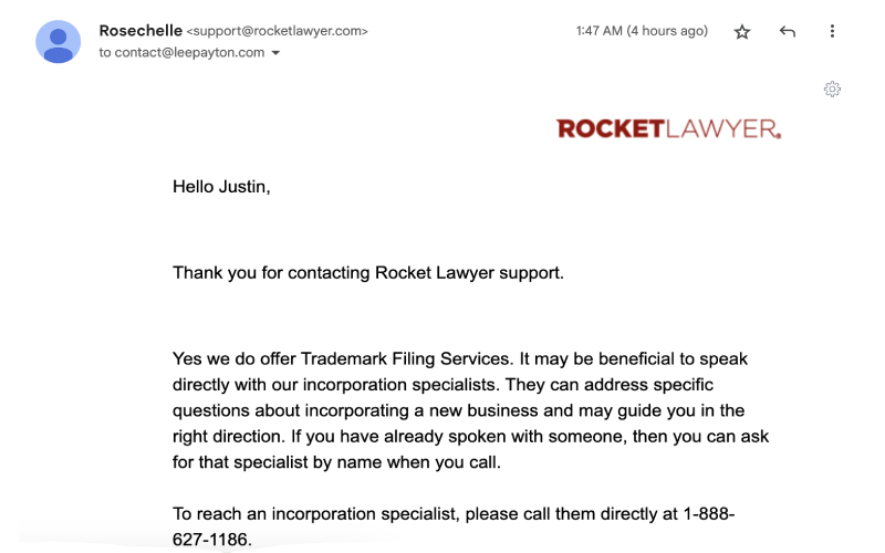 rocketlawyer email response