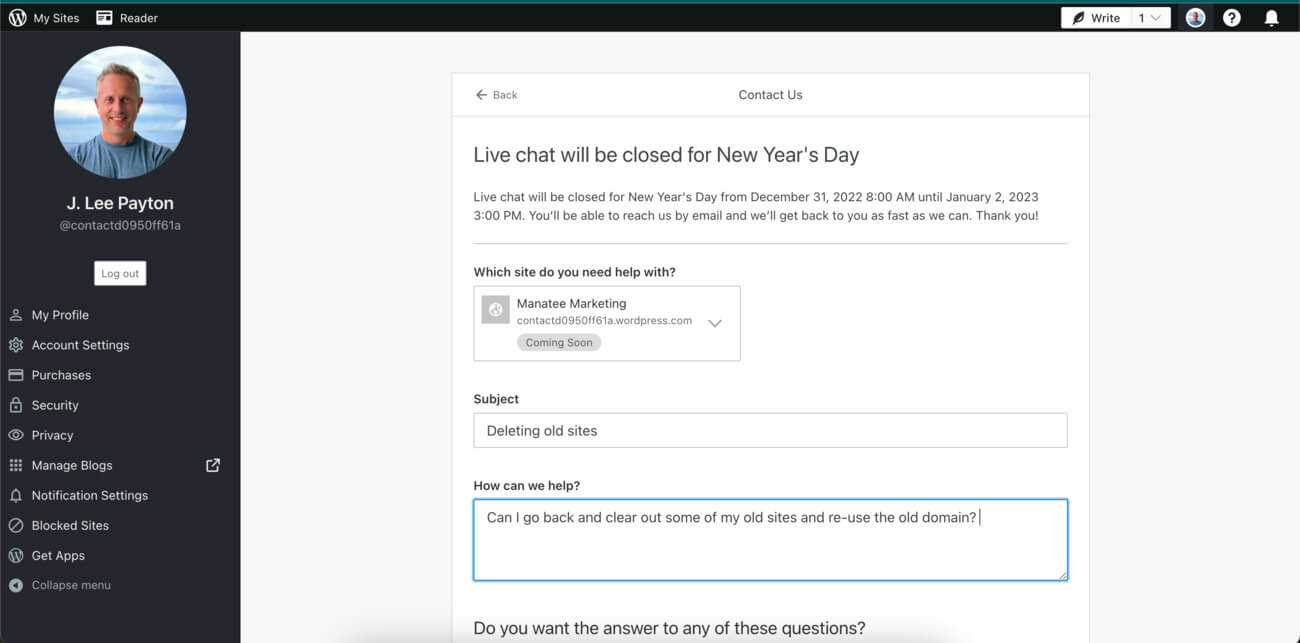 Wordpress Support Email Sent