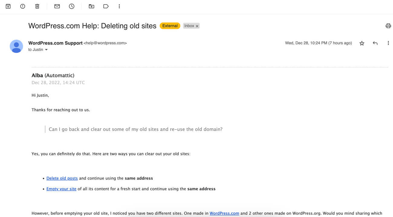 WordPress Support Email Reply