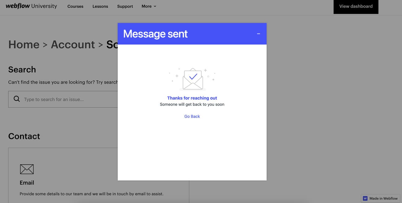 Webflow Email Support Sent