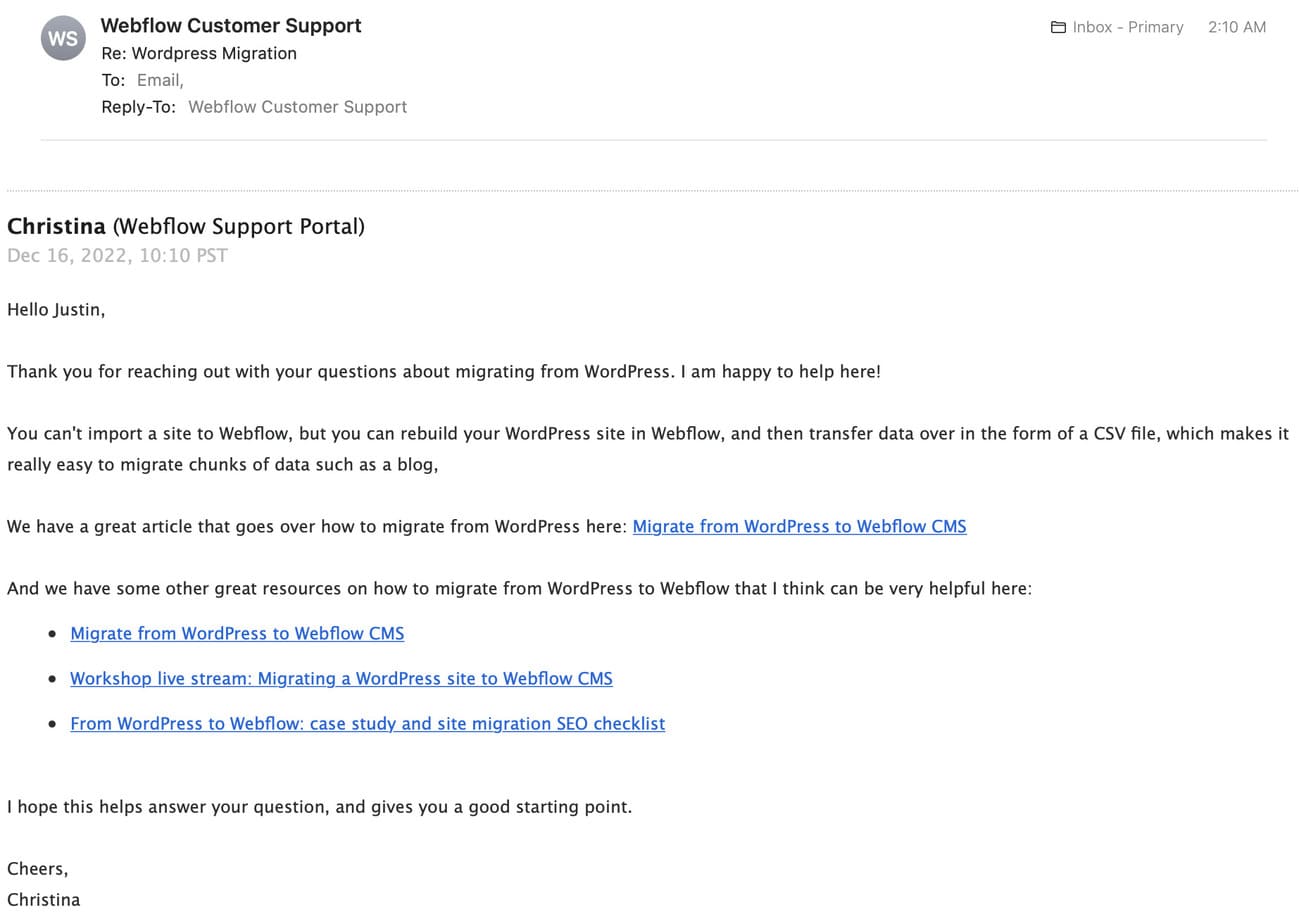 Webflow Email Support Reply