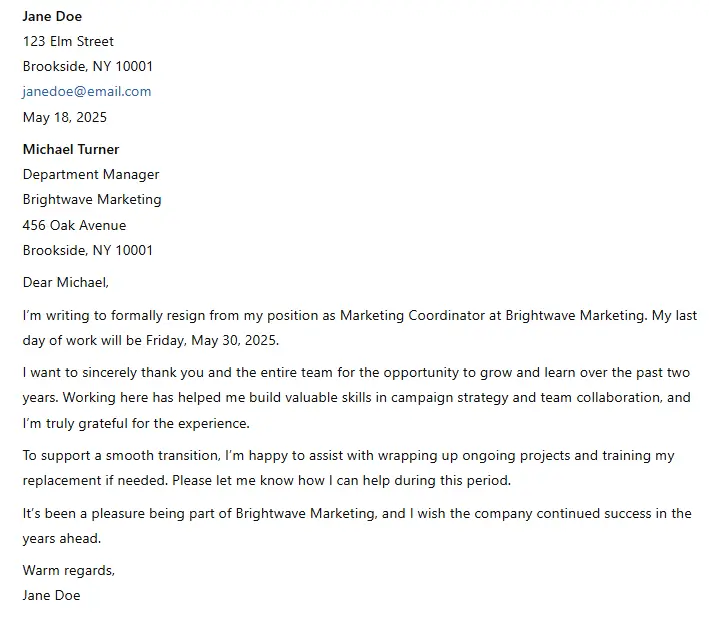 Resignation letter example