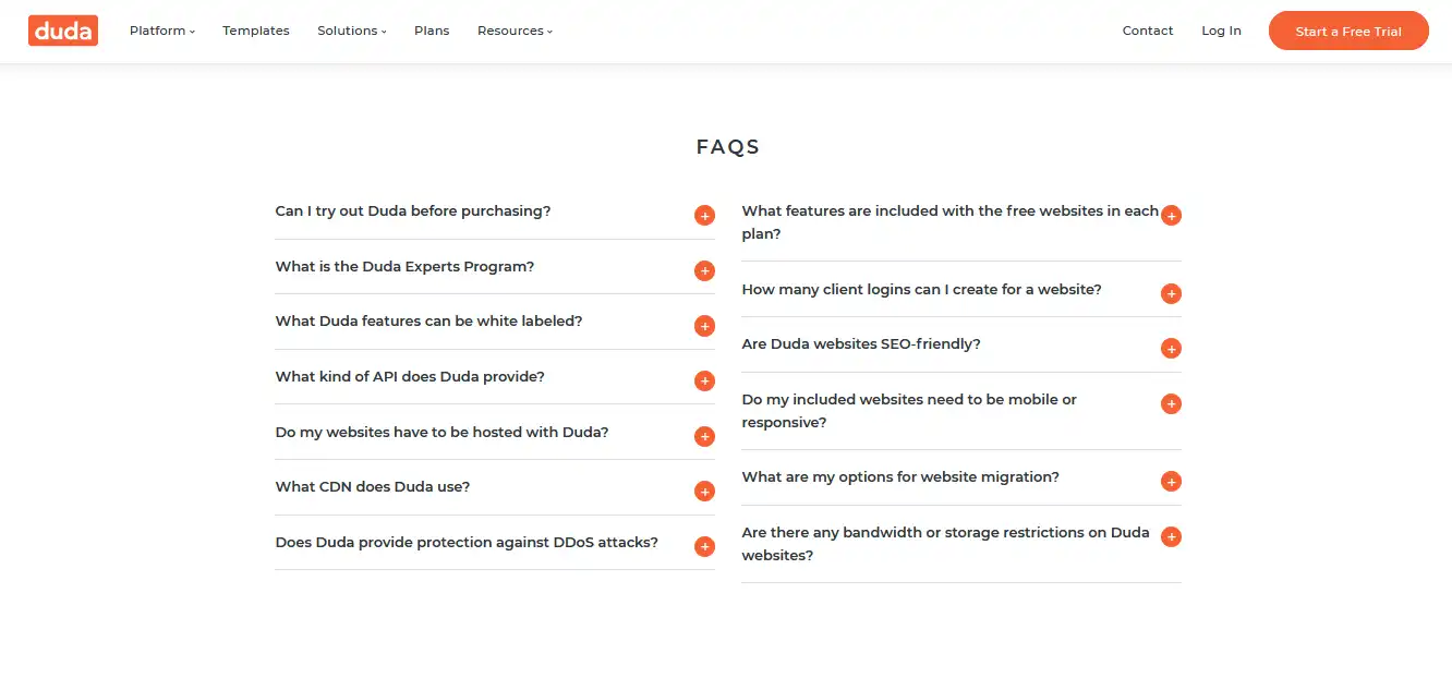 Duda FAQs section with answers