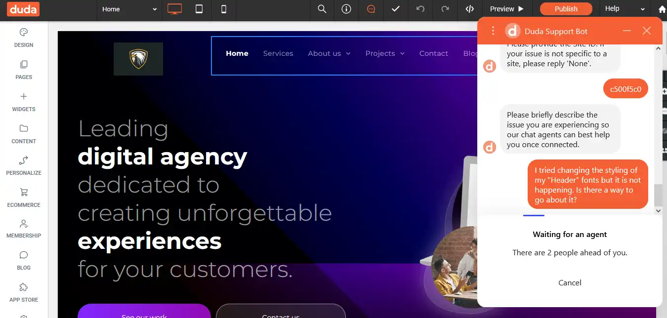 live chat bot of Duda customer support
