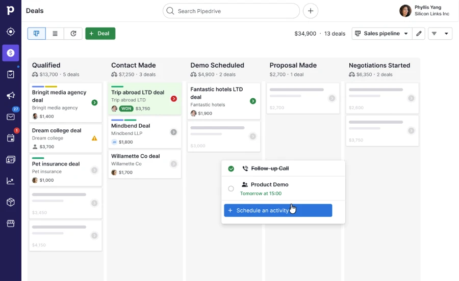 Pipedrive CRM sales pipeline interface featuring a drag-and-drop Kanban board for visual deal tracking, demonstrating a user scheduling a follow-up call or product demo activity directly within a deal card.