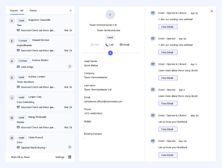 A CRM dashboard displaying real-time prospect engagement, featuring a lead list sidebar, detailed contact information for a target account, and a chronological timeline of email opens and clicks.