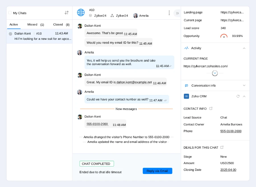 A live sales chat interface seamlessly integrated with a CRM system, displaying an active conversation with a prospect alongside real-time visitor data, lead scoring metrics, and associated deal information.