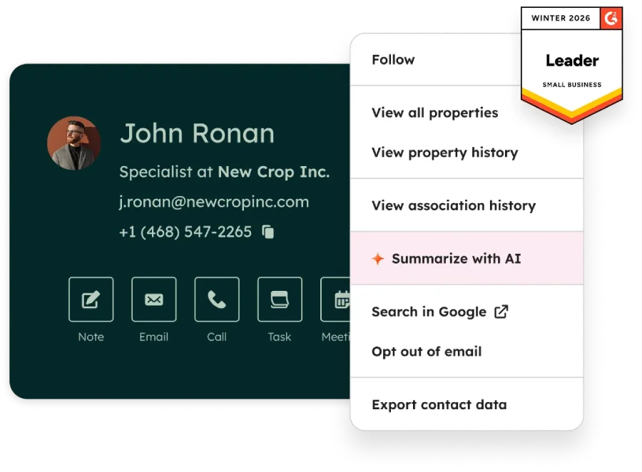 HubSpot CRM contact management interface highlighting a dropdown menu with a 'Summarize with AI' tool, featuring a quick-action contact card and an overlaid G2 Leader badge for small business software.