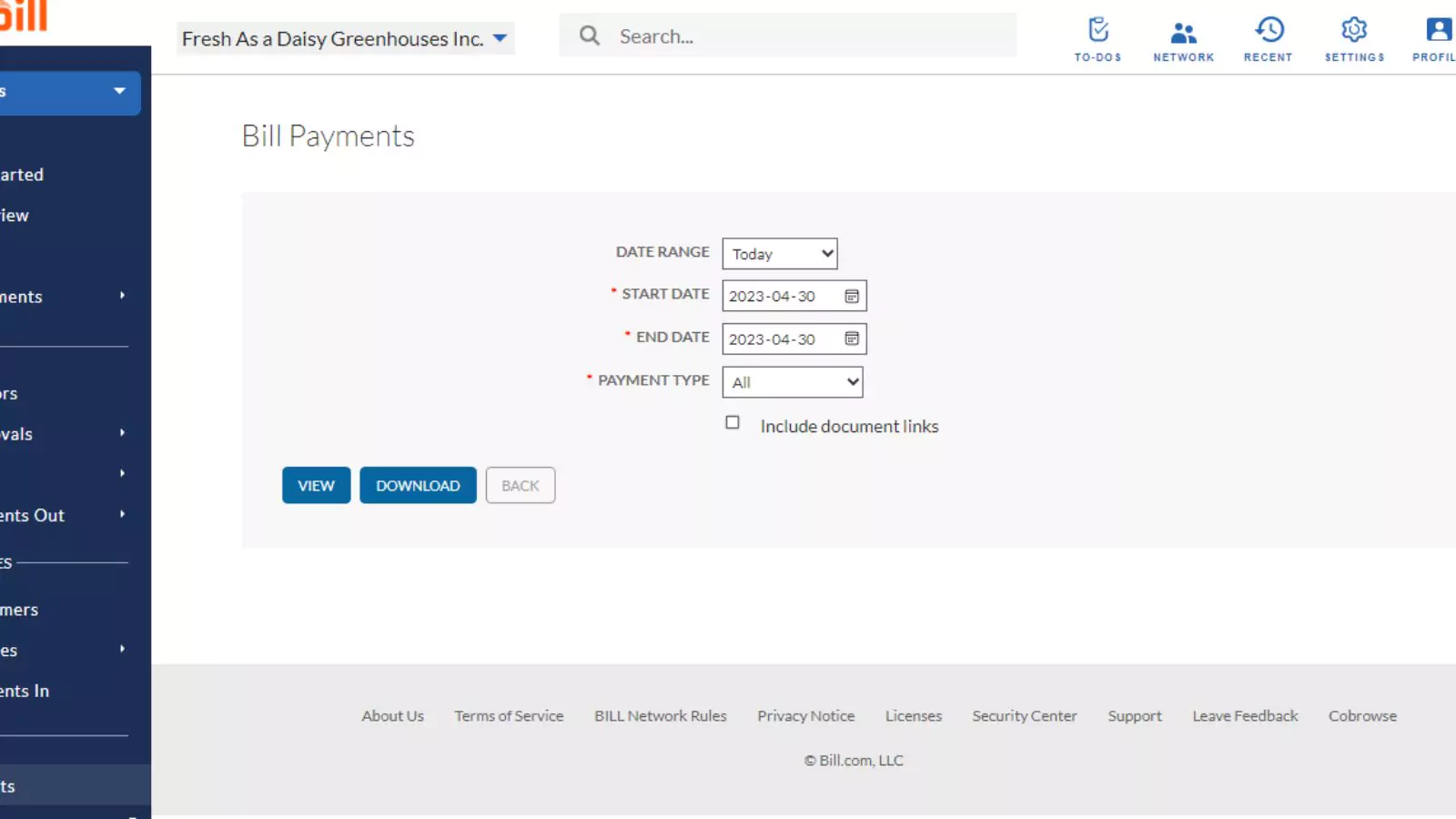 bill.com Accounts Receivable reports generation