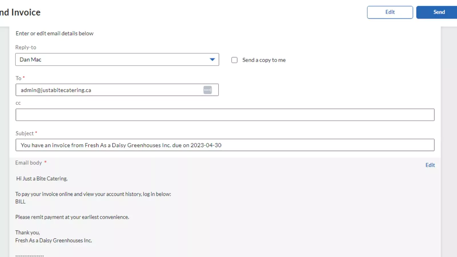 bill.com Accounts Receivable email an invoice