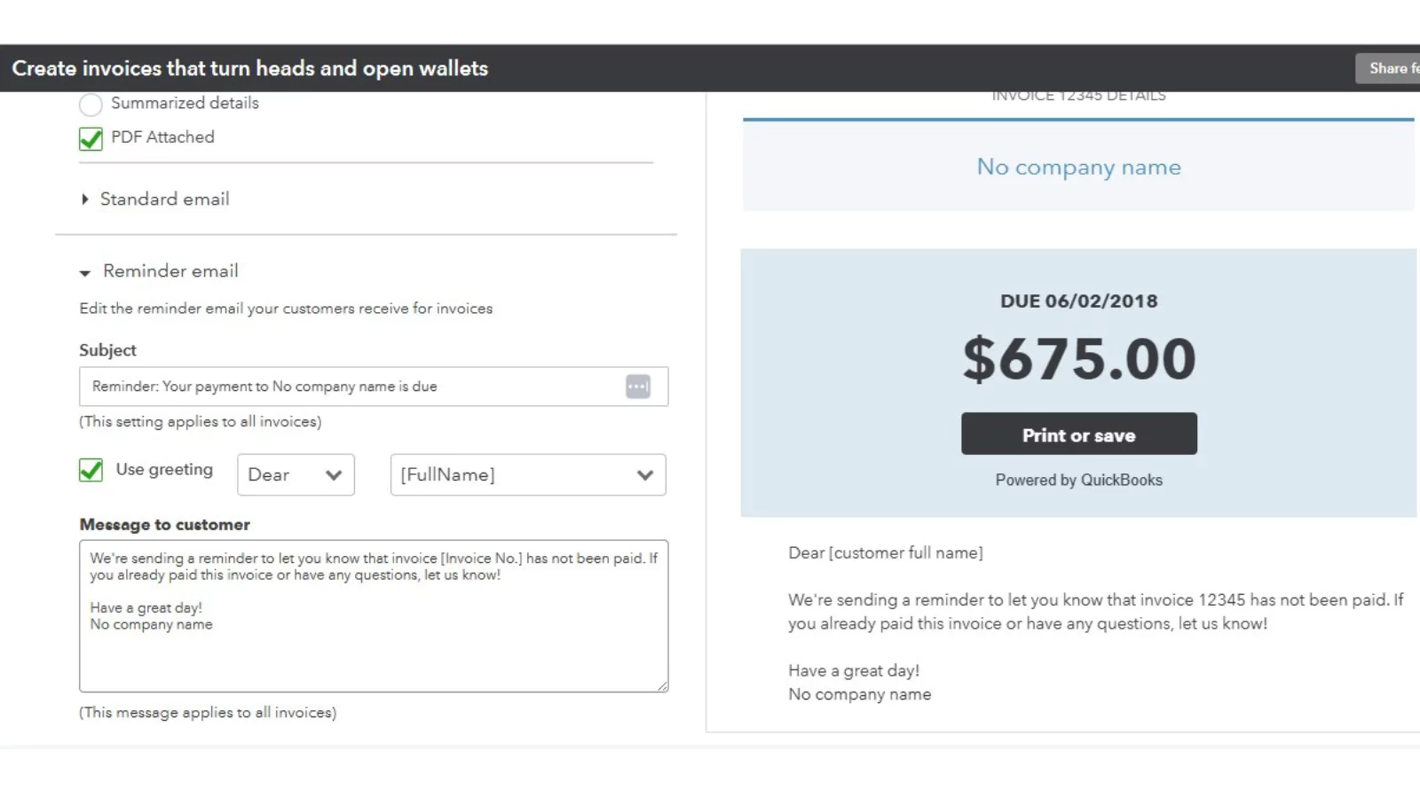 Quickbooks account receivable email notification