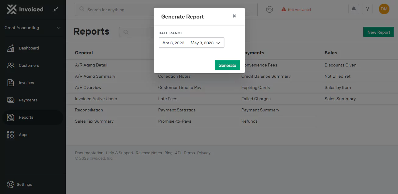 invoiced Accounts Receivable reports screen