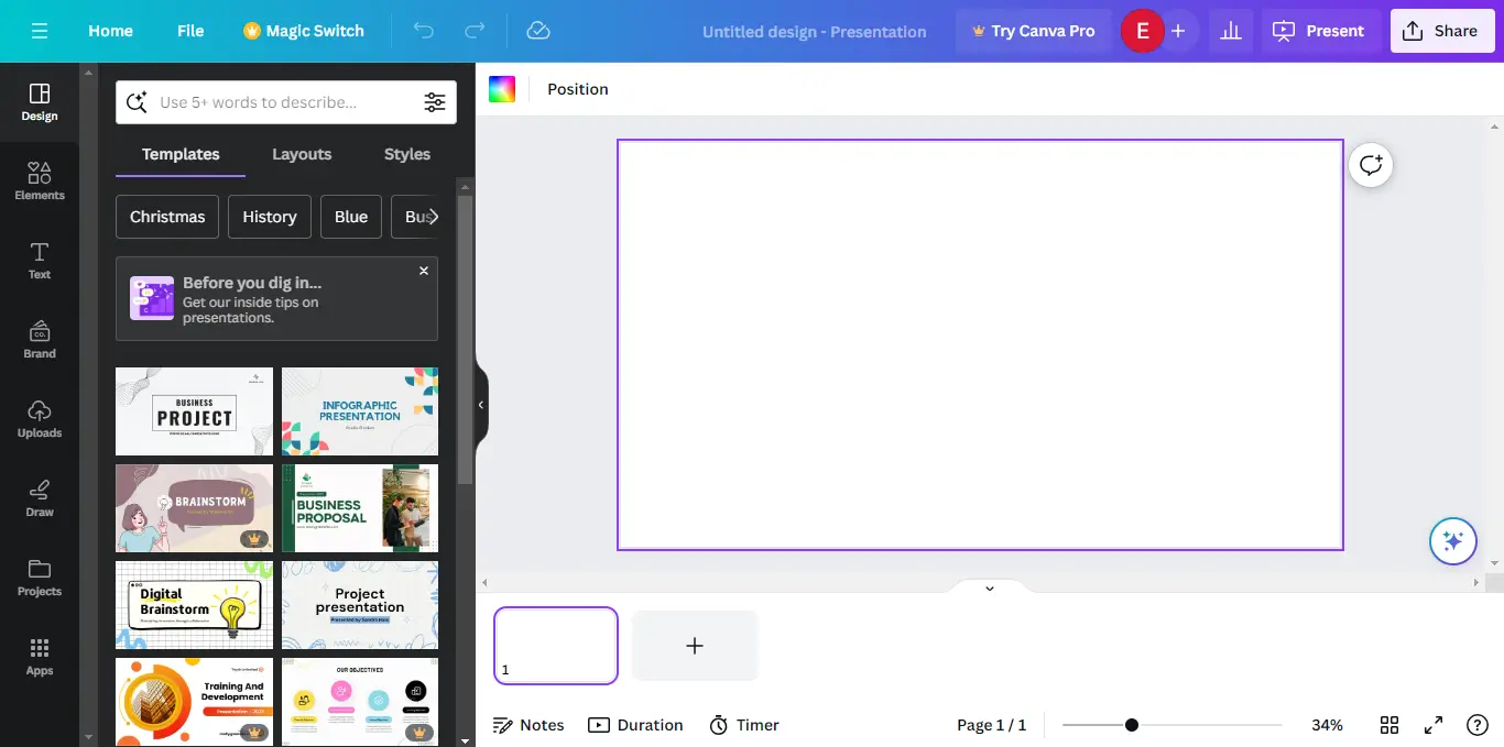 The 2nd step of creating a professional presentation on Canva 