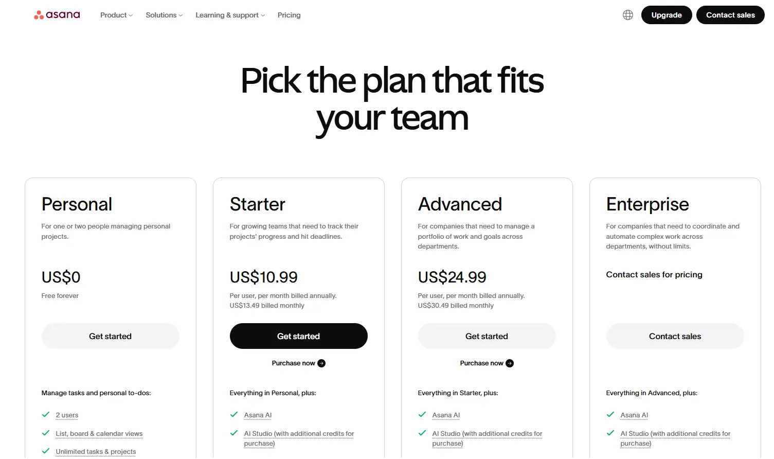 asana plans and pricing
