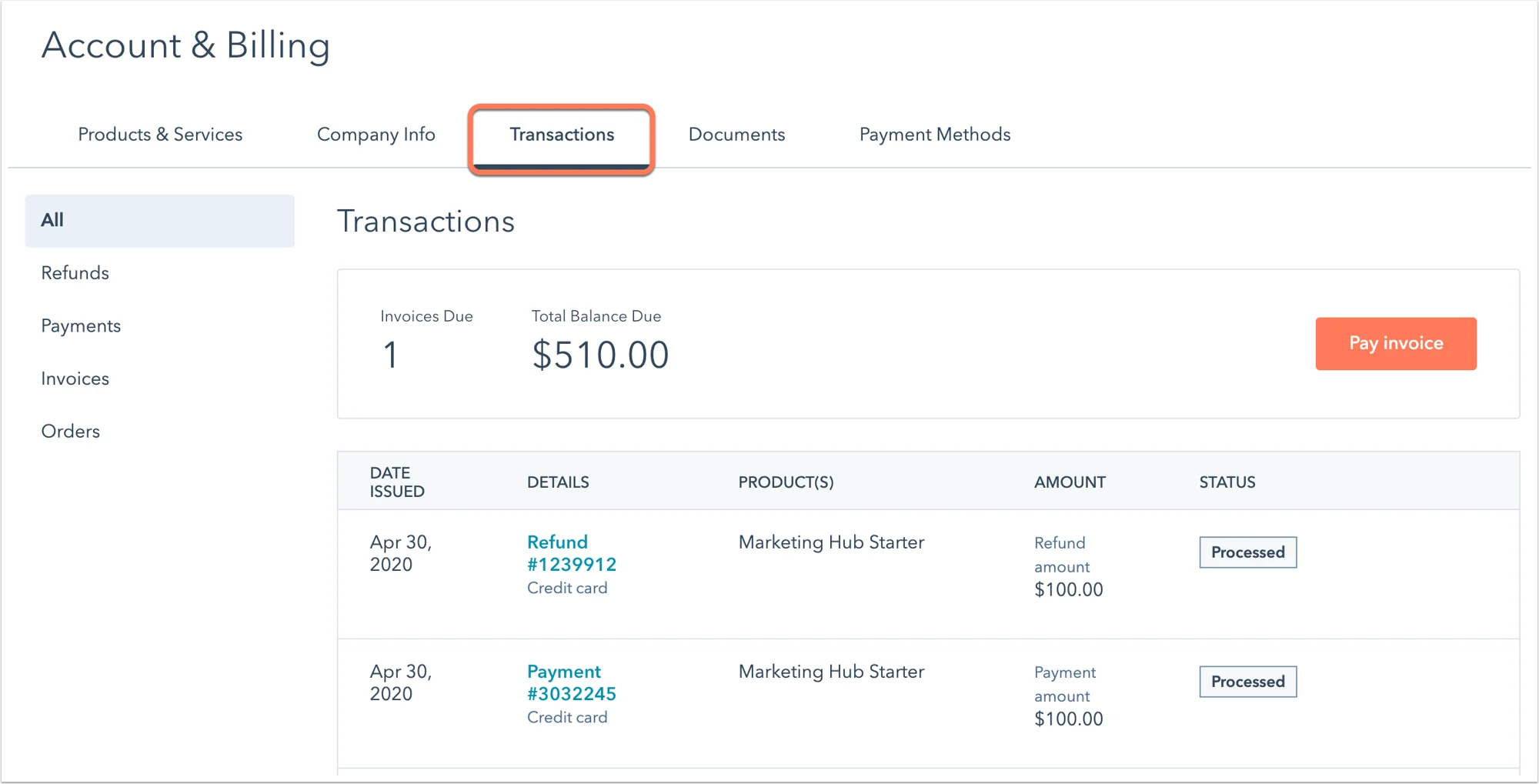 Hubspot Commerce Hub transactions