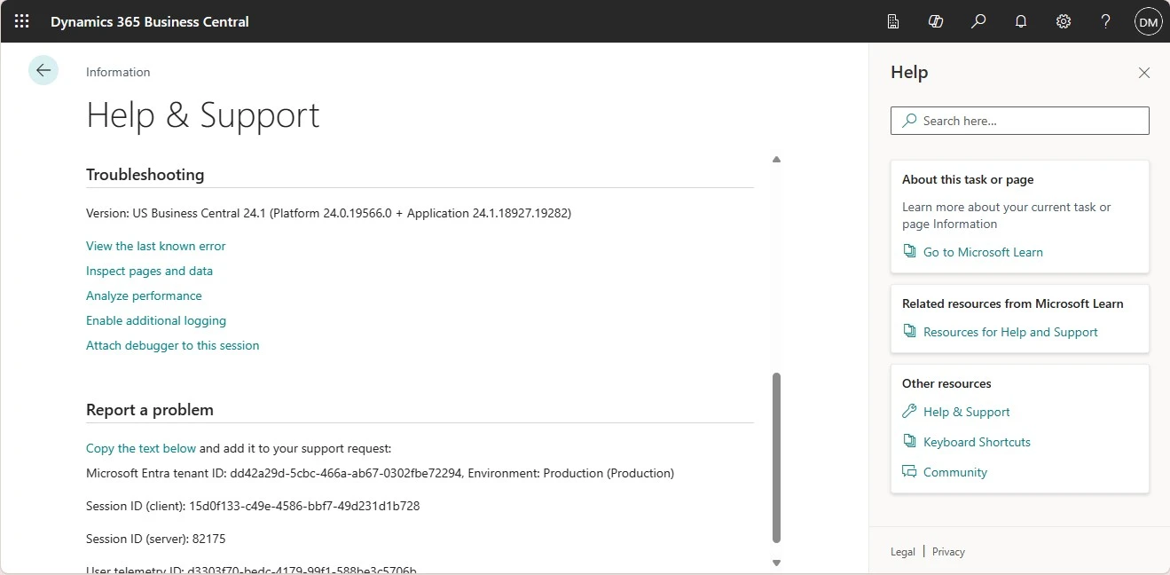 MS Business Central - help and support