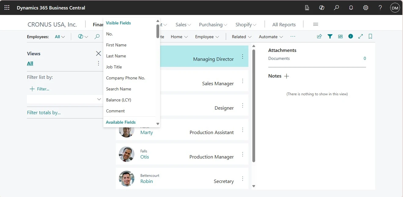 MS Business Central - employees