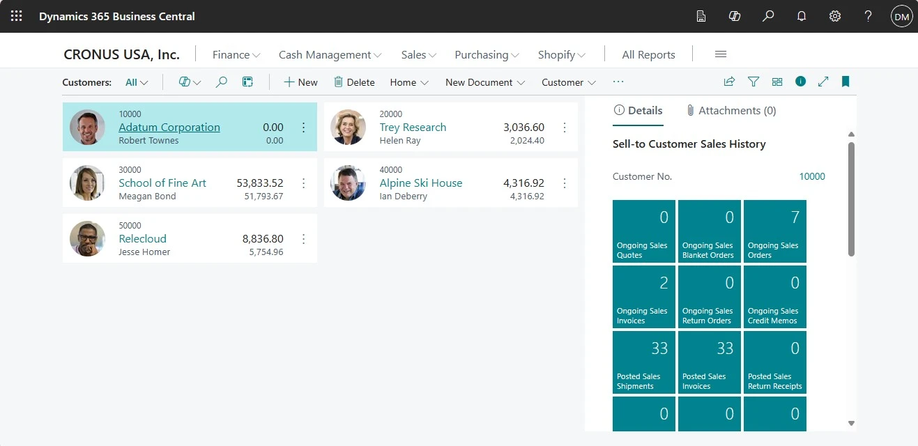 MS Business Central - features customers