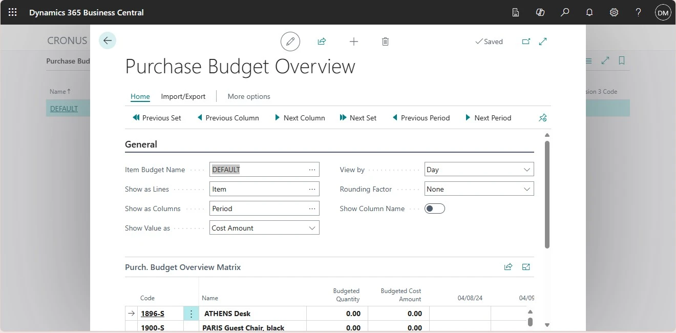 MS Business Central - features budget reporting