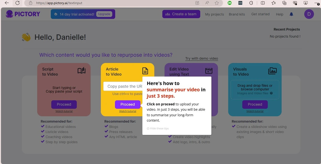 Pictory - steps to summarize video