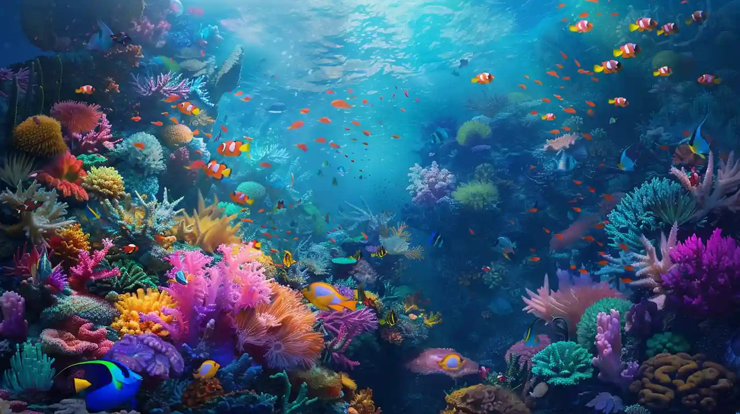 A vibrant coral reef teeming with colorful fish