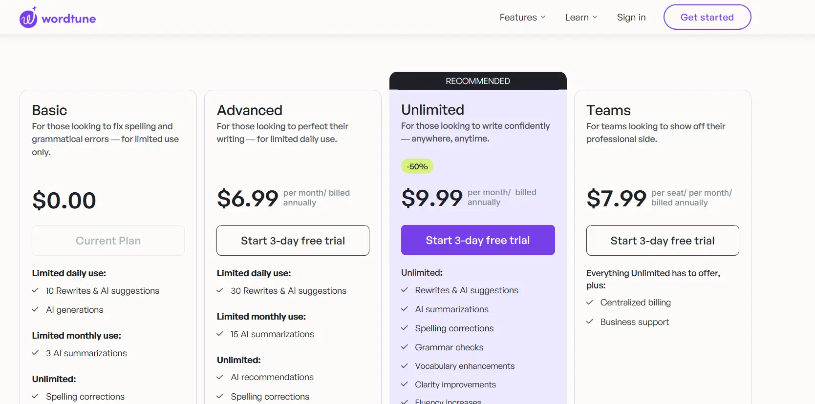 wordtune plans and pricing chart