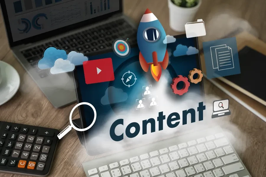 Content Rocket flying through a computer