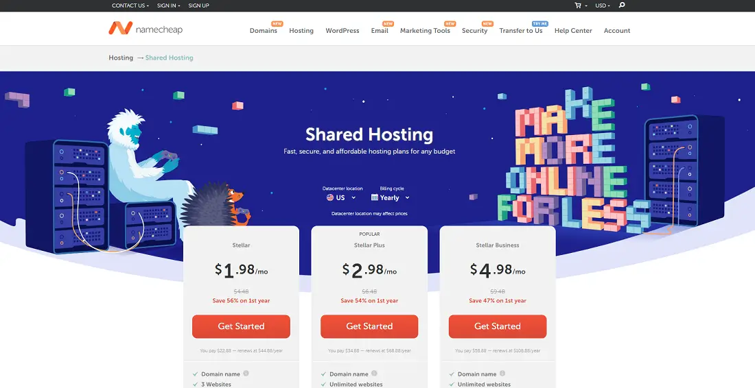 Namecheap hosting plans and pricing