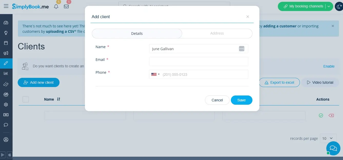 SImplybook - adding a client