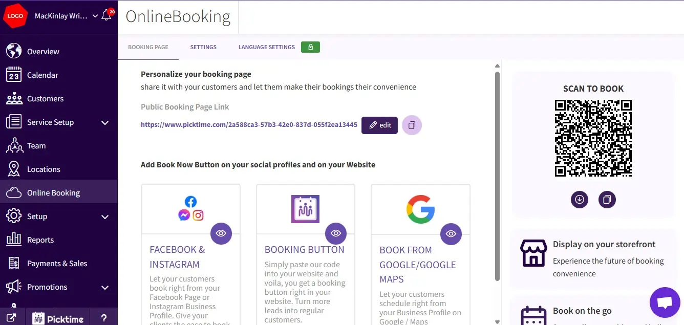Picktime - online booking setup