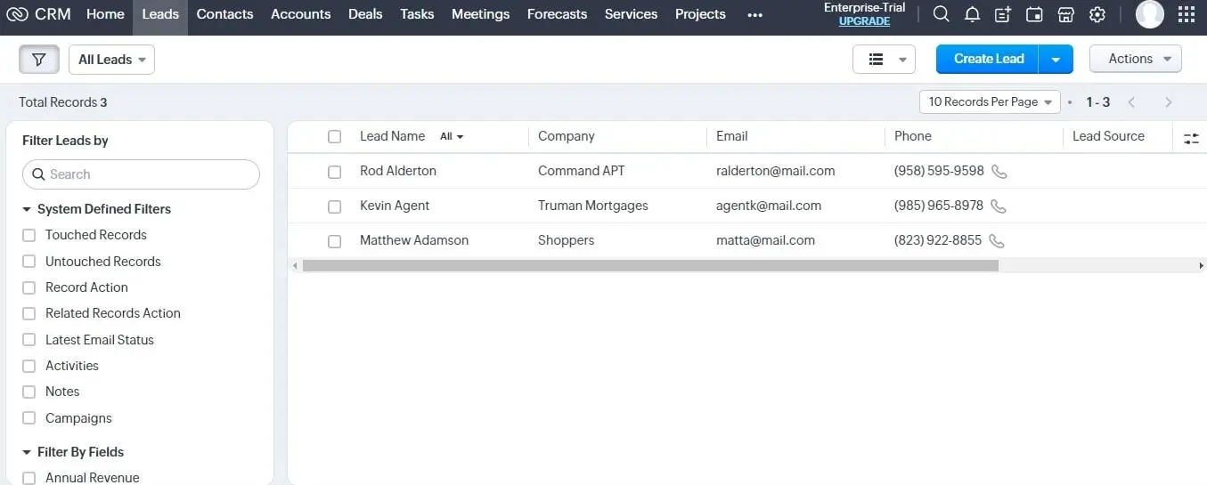 Zoho crm contact management
