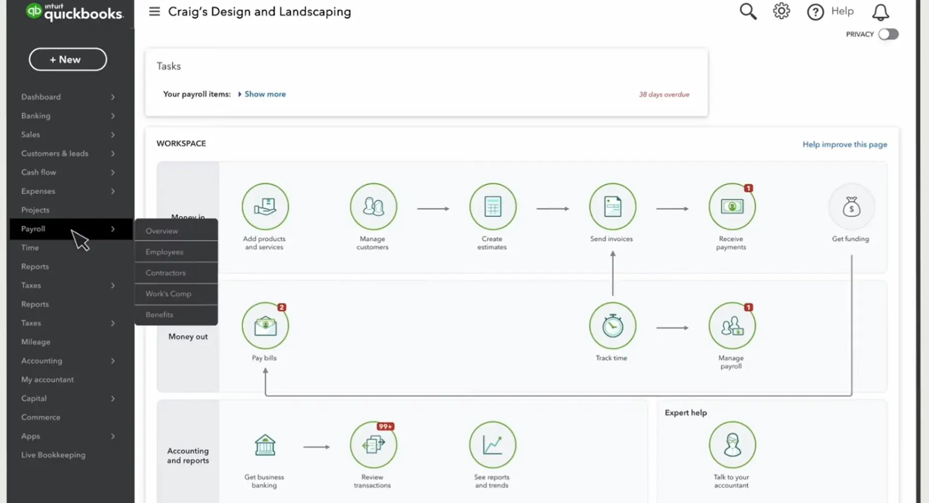 QuickBooks Payroll dashboard