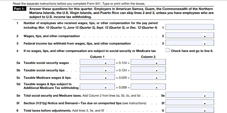 Wages & taxes section form 941