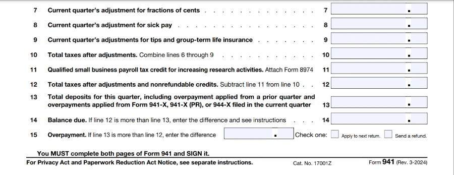 Adjustments section form 941