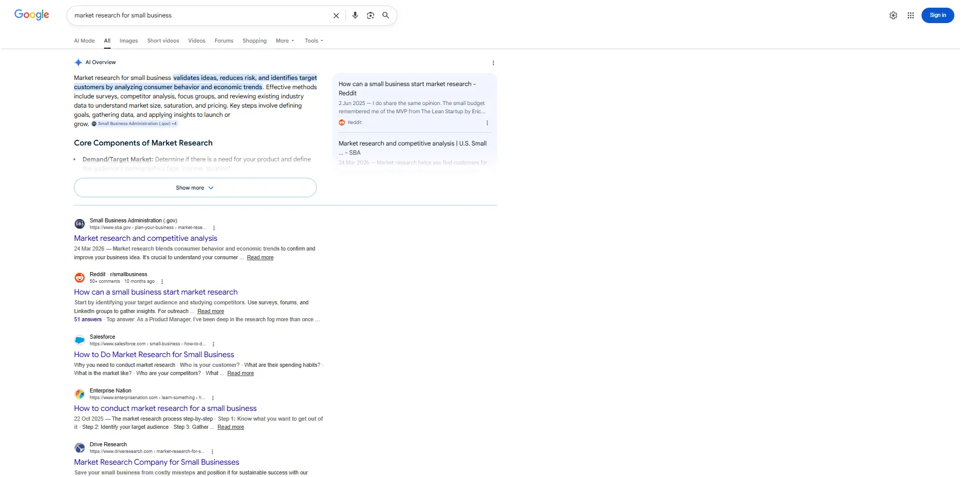 Google SERP How to do market research for small buinsess