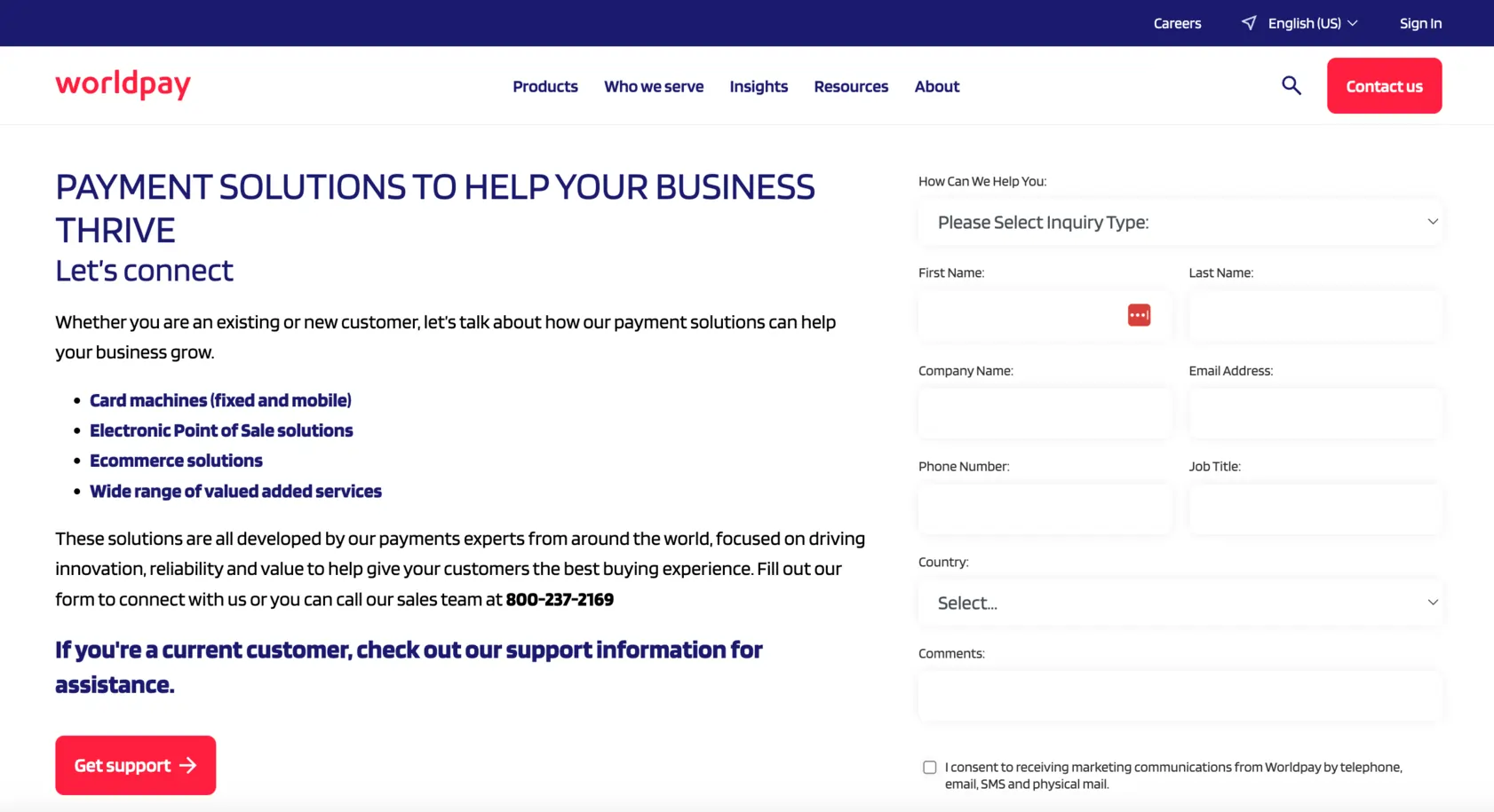 Worldpay customer support form