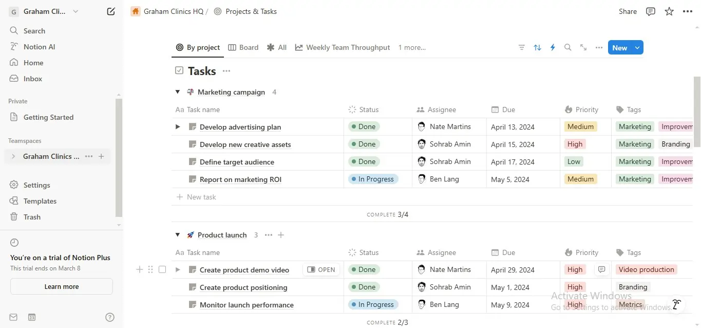 Notion homepage + tasks