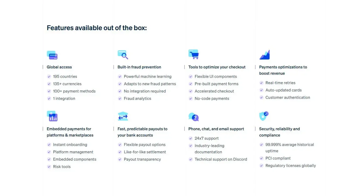 stripe features list