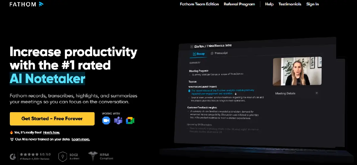 Fathom records, transcribes, highlights, and summarizes your meetings