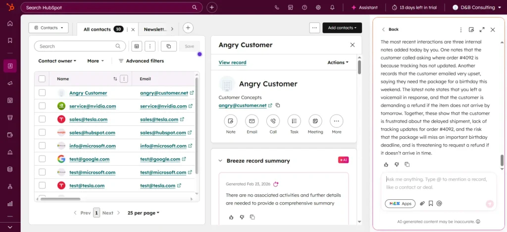 HubSpot interface showing a contact record for 'Angry Customer.' The Breeze AI sidebar provides a detailed summary of recent negative interactions regarding order #4092, delayed tracking, and a refund demand due to a missed birthday deadline.