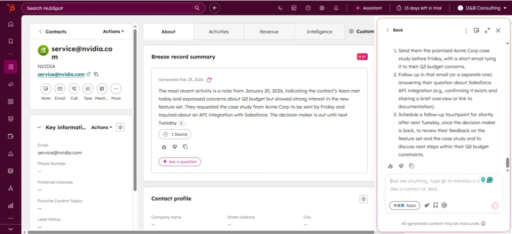 HubSpot Sales Hub view for an Nvidia contact. A 'Breeze record summary' box identifies a budget concern from a January meeting, while the AI side panel lists specific next steps like sending an Acme Corp case study and following up on API integrations.
